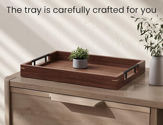 Fibogollo Walnuta Wood Serving Trays with Metal Handles(Large) | 17 x 12Inch Ottoman Decorative Trays Platter for Living Room,Bar,Party,Holiday Hosting and Outdoor Entertaining