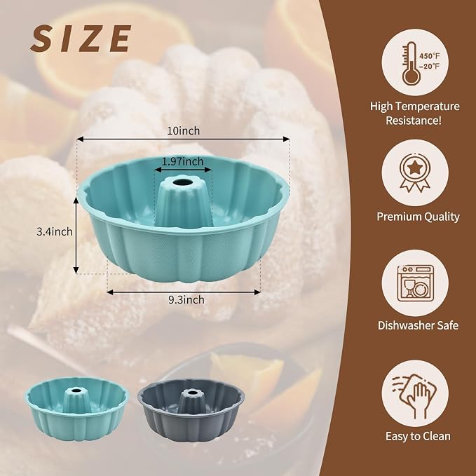 2 Pack Silicone Cake Pan,Jello Moldes Para Gelatinas，10 Inch,Grey+Blue | Nonstick,Cake Pans，moldes para gelatinas，Pound Cake Pan, Baking For Jello, Gelatin, Cake, Brownie and Bread
