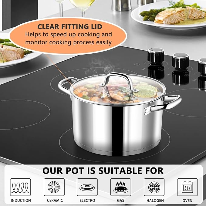 P&P CHEF 5 Quarts Stock Pot with Lid, Stainless Steel Stockpot for Cooking | Cooking Pot for Soup, Pasta, Tri-Ply Bottom for Induction, Gas, Ceramic, Glass Lid & Double Handle, Dishwasher Safe