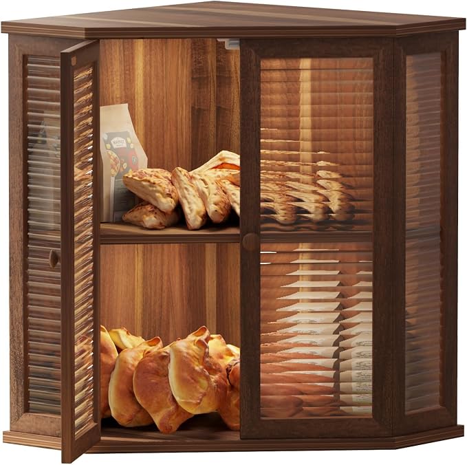 Corner bread box Bread Box for Kitchen Countertop - Corner Bread Storage Box 16.51" H, Premium Wood with Glass Door, Perfect for Homemade Bread, Baguettes & Pastries (Acacia brown)