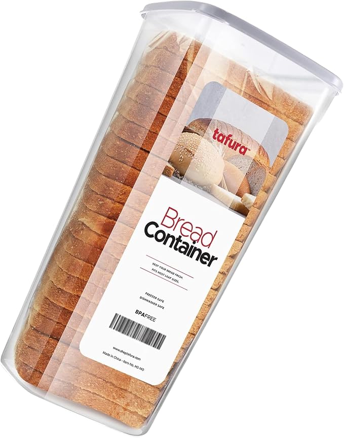 Tafura Bread ContaSilicone-sealed lid helps reduce air exposure to maintain texture and flavor for longer.iner, Airtight BPA-Free Bread Storage Box, White Lid