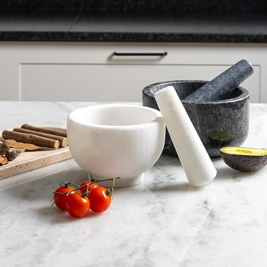 Natural Marble Mortar and Pestle Set, 5" Unpolished Heavy Duty Grinder Bowl for Kitchen, Guacamole, Salsa, Pill Crusher, Spice, Herb, Marble Bowl for Kitchen Counter(Rough Surface Finished)