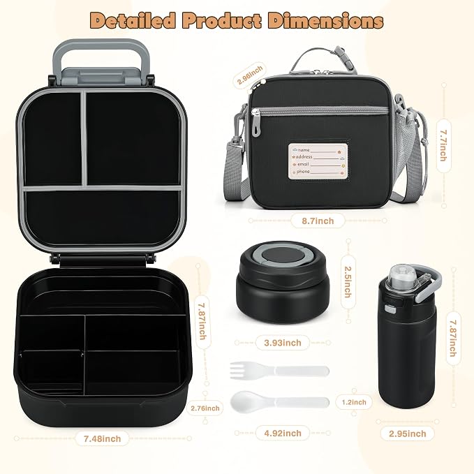 Bento Lunch Box for Kids with 7oz Soup Thermo,Insulated Stainless Steel Kids Water Bottle with Straw and Insulated Lunch Bag,Leak-Proof Lunch Food Container with Ice Pack for School(Black)