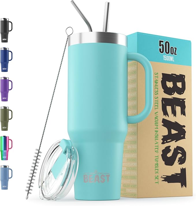 Beast 50 oz Tumbler with Handle Stainless Steel Vacuum Insulated Coffee Ice Cup Double Wall Travel Flask (Aquamarine Blue)