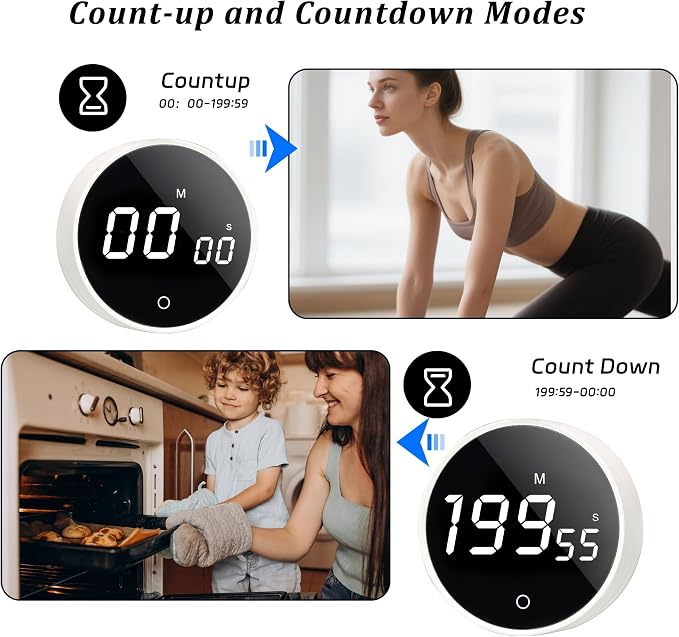 Digital Kitchen Timer - Magnetic 199-Minute Countdown Countup Timer with Large LED Display,Volume Adjustable, Visual timers for Cooking,Gym,Meeting,Classroom,Study,Work,Outdoor Activities