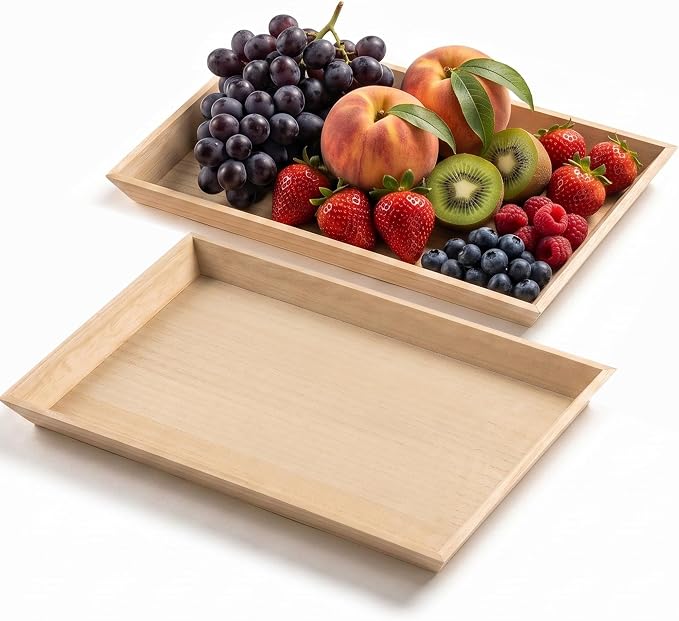 Wooden Serving Trays Set of 2, 17x13x1.25 Inches Natural Wood Serving Tray for Home Decor, Decorative Wooden Trays for Coffee Table, Ottoman, Kitchen Counter, Dining Table & Organization