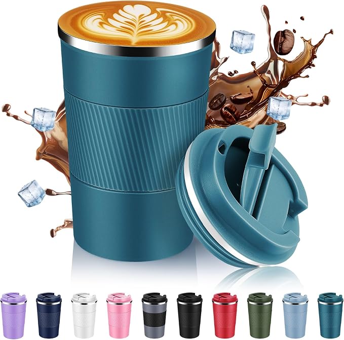 Volhoply 13 oz Stainless Steel Insulated Travel Coffee Mug with Fip Lid,Reusable Double Wall Vacuum Metal Coffee Cup,Portable to Go Leak Proof Cafe Thermal Tumbler for Hot & Cold Drinks(Bule,1)