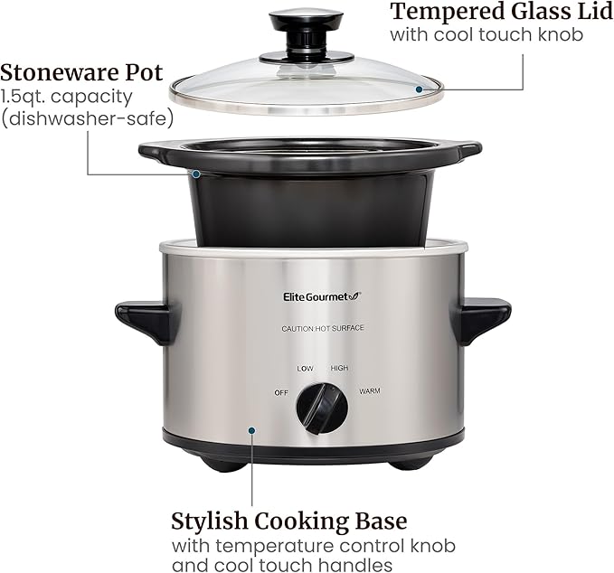 Maxi-Matic MST-250XS Electric Ceramic Slow Cooker, 1.5 Qt, Stainless Steel | Adjustable Temp, Dishwasher-Safe Glass Lid & Crock - Great for Entrees, Sauces, Stews & Dips
