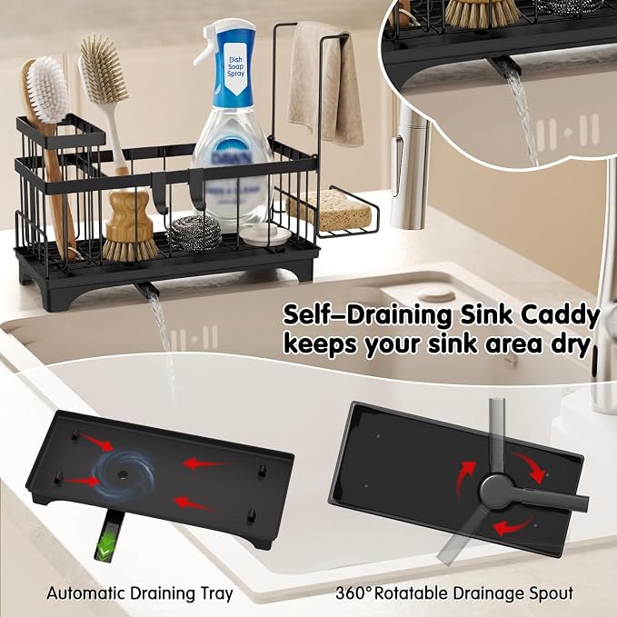 VOOWO Sponge Holder for Kitchen Sink, Compact Sink Caddy with Brush Holder | 304 Rustproof Stainless Steel Dish Soap Holder, Small Kitchen Sink Organizer, Self-Draining Dish Wand Holder with Towel Rack