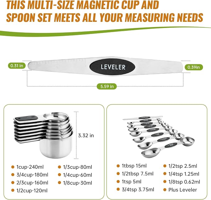 Magnetic Measuring Cups & Spoons Set of 15 | BPA Free,Heavy Duty 304 Stainless Steel,Strong N52 Magnets,Dishwasher Safe with Leveler for Baking and Cooking