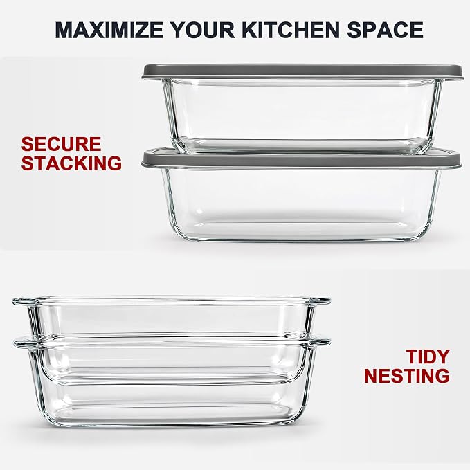 LOVYANXUE 2 Pack Glass Loaf Pan with Lid, 1.9QT/ 62 OZ Bread Pan - Baking Dish with Airtight Lids BPA free - Meatloaf Pans For Homemade Bread, Baking, Cakes, Dessert, Microwave & Oven Safe