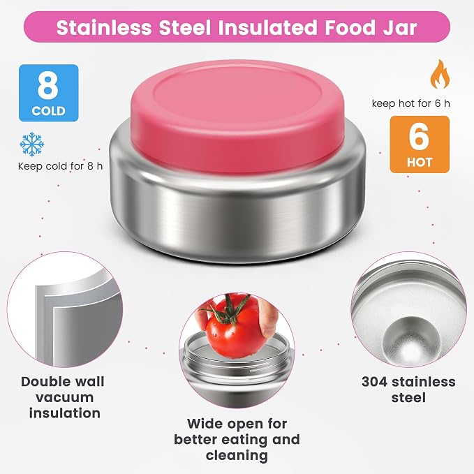 Stainless Steel Bento Box Kids Adult with 7oz Soup Thermo, Transparent Lid 3 Compartments Metal Bento Lunch Box with Insulated Food Jar,Lunch Box Container Sauce Cup for School,BPA-Free (Pink)