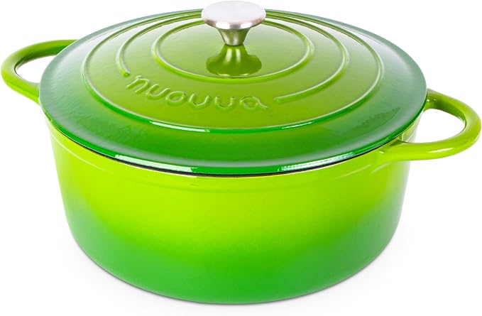 Cast Iron Dutch Oven with Lid-Non-Stick Ovenproof Enamelled Casserole Pot - Sturdy Dutch Oven Cookware - Green, 7.3- Quart, 30cm- by Nuovva