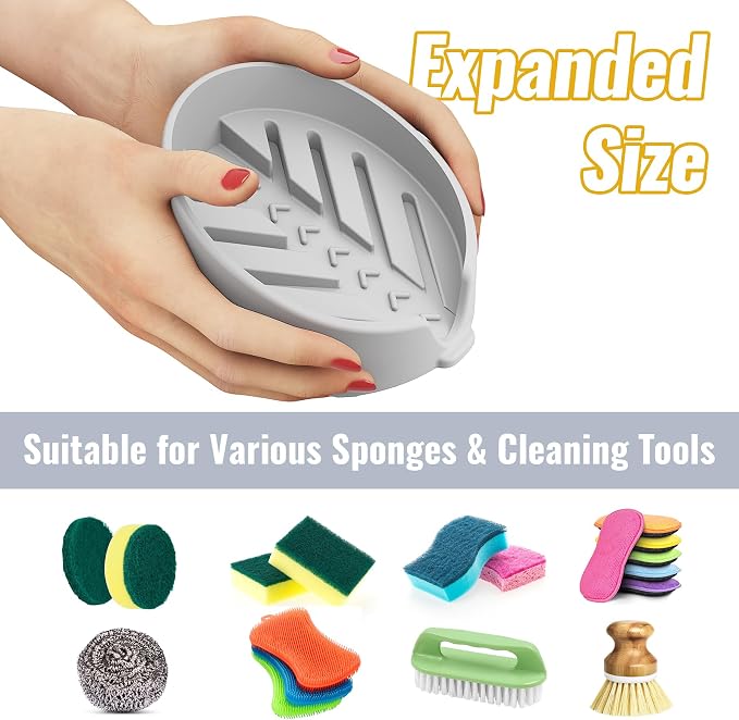 NiHome Silicone Sponge Holder for Kitchen Sink, Fits Scrub Daddy Mommy | Self-Draining Dispenser Organizer Tray, Sink Caddy Countertop Fits Soaps, Scrubber, Dishwasher Safe, Includes Brush