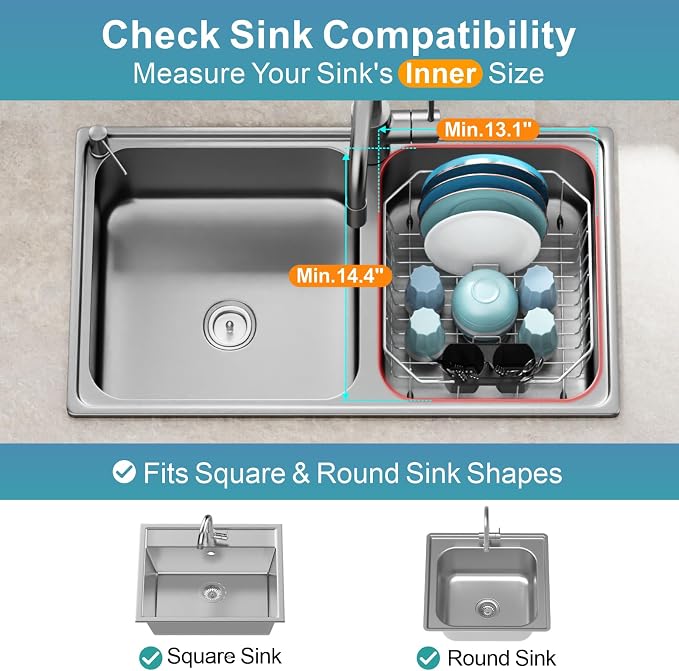 Small in Sink Dish Drying Rack - Stainless Steel for RV Kitchen | Compact Design, Rust-Resistant, Angled Corners Fit Square & Round Sinks, Removable Utensil Holder, Cup Hooks, 13.1"W x 14.4"L