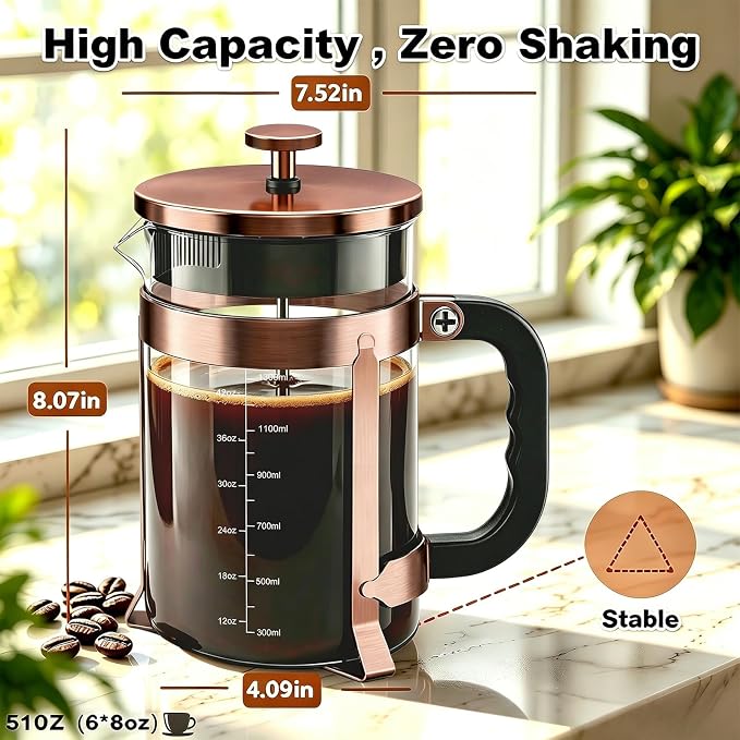 QUQIYSO French Press 51oz,Large French Press Thickened Glass Coffee Press | French Press Stainless Steel,Large Capacity Coffee Maker,Easy to Clean,4 Filter,Suitable for Party Home Office(Copper)