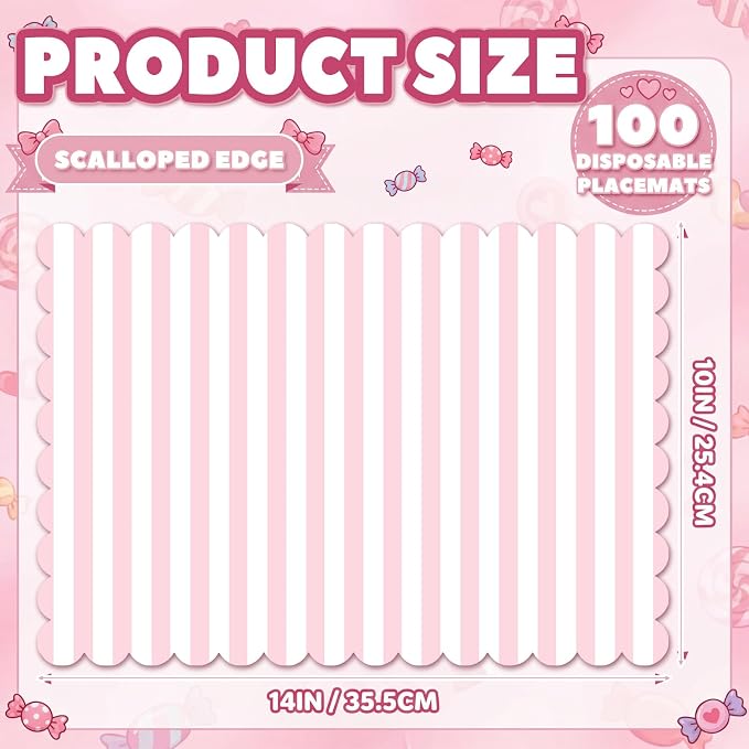 100 Pcs Pink and White Striped Paper Placemats 14 x 10 Inch Scalloped Pink Paper Placemat Disposable Table Place Mats for Wedding Bridal Shower Beach Party Home Table Kitchen Decoration