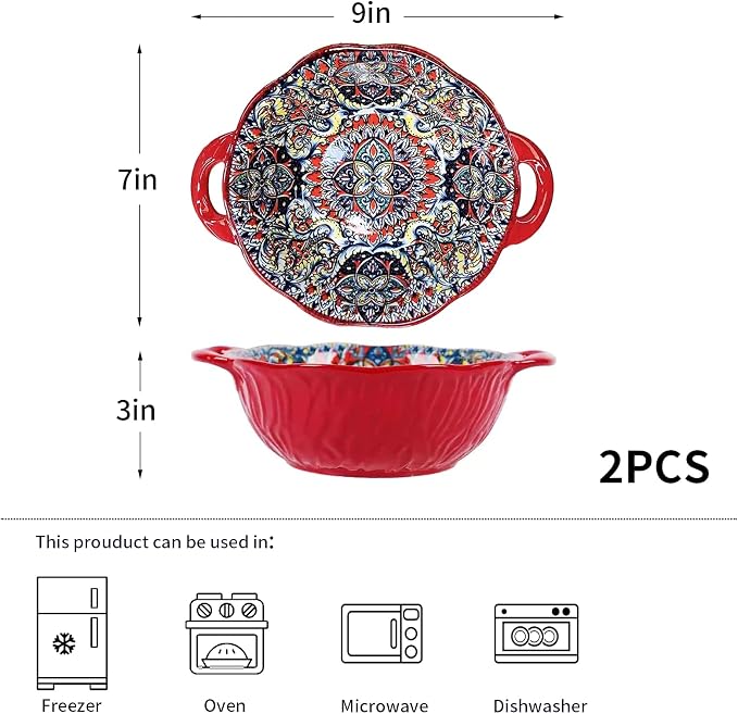 2 Pack Boho Ceramic Serving Bowls with Handles, 40 Oz Porcelain Salad Bowls, Large Serving Dishes for Entertaining, Mixing Bowls for Soup, Stew, Pasta, Cereal, Colorful Embossed Cute Bowls Set SH