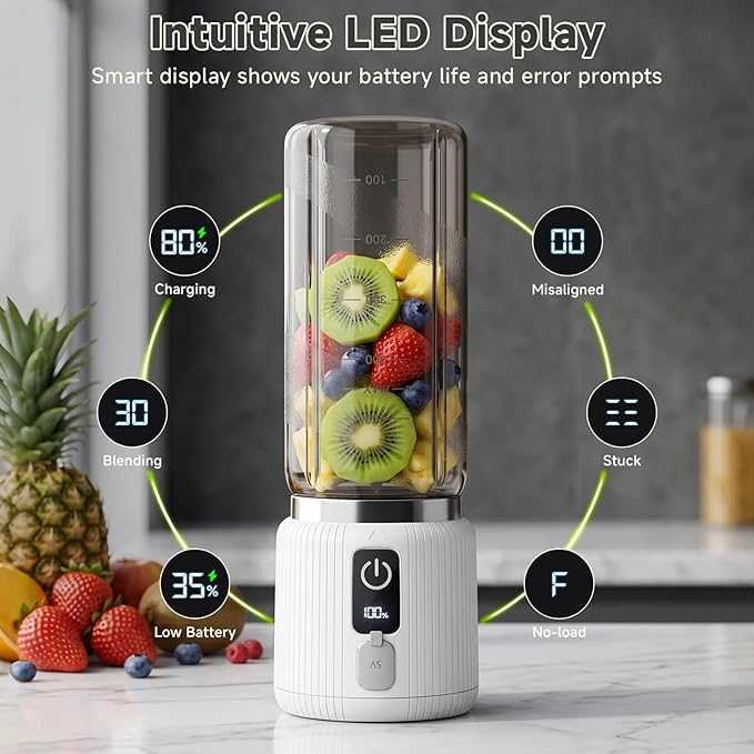 COKUNST Portable Blender, Smoothie Blender with LED Display, 17 oz, White | 8 Blades, LED Display, USB-C Charging, Blender for Smoothie, Shake and Protein, Cordless, Perfect for Home, Travel, Office