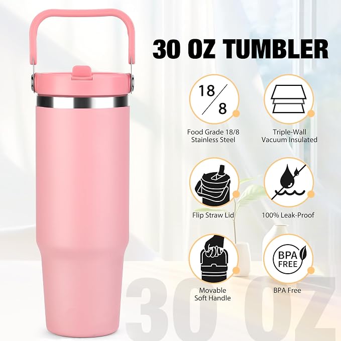 TaroKitc 30 oz Tumbler with Handle and Flip Straw, Triple-Wall Vacuum Insulated Water Bottle, Leakproof Reusable Travel Mug for Home, Outdoors, Fit in Car Cup Holder, Cold for 30 Hrs,Sea Blue