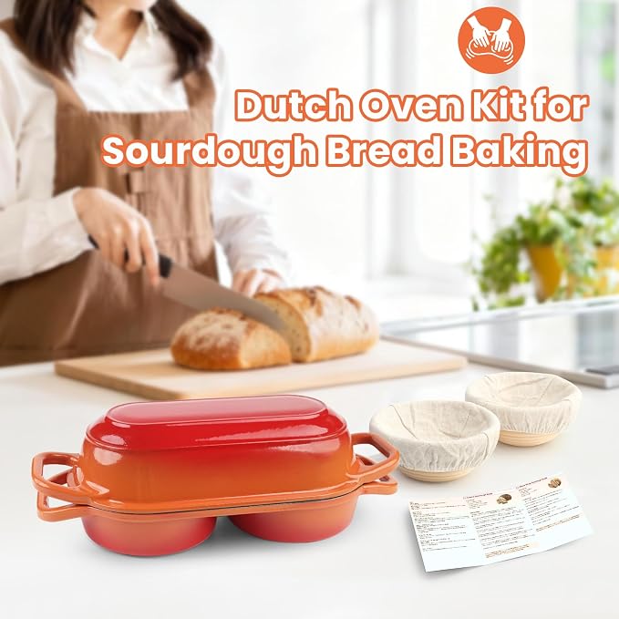 YONILL Mini Double Dutch Oven with Lid for Sourdough Bread Baking (Orange) | Enameled Cast Iron Pot with Lid, 5" Banneton Bread Proofing Basket Include, Dual Round Bread Loaf Pan for Homemade Baking