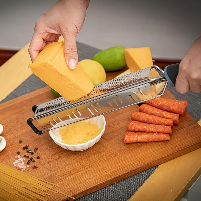 3-in-1 Lemon Zester & Cheese Grater, 304 Stainless Steel, 15-Inch, Black | Three Blade Surfaces for Fine Zesting, Coarse Grating and Slicing, 304 Stainless Steel, Non-slip TPE Handle, Dishwasher Safe