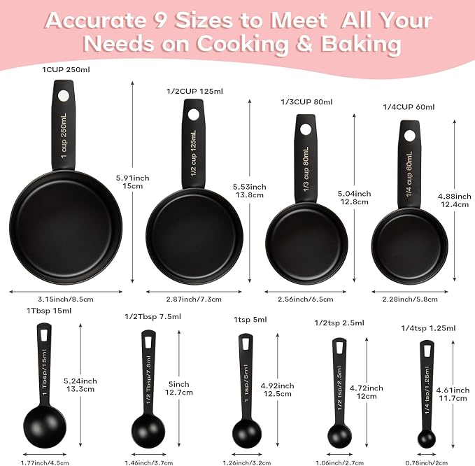 Measuring Cups and Spoons Set of 9, Stainless Steel Measuring cup for Cooking and Baking, Measuring spoons for Dry and Liquid Ingredients (Black)