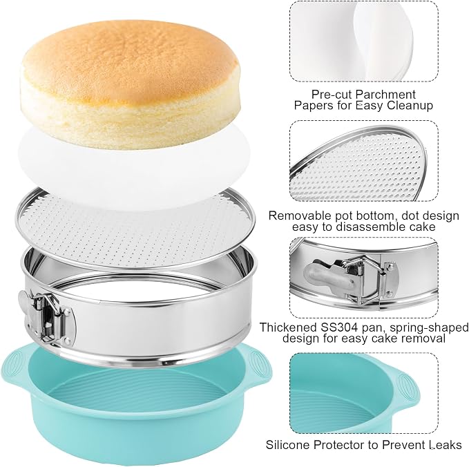 9 Inch Cheesecake Pan, Leakproof 304 Stainless Steel Springform Pan with Silicone Protector for Water Bath Baking, Removable Bottom, 50 Pcs Parchment Paper, Dishwasher Safe