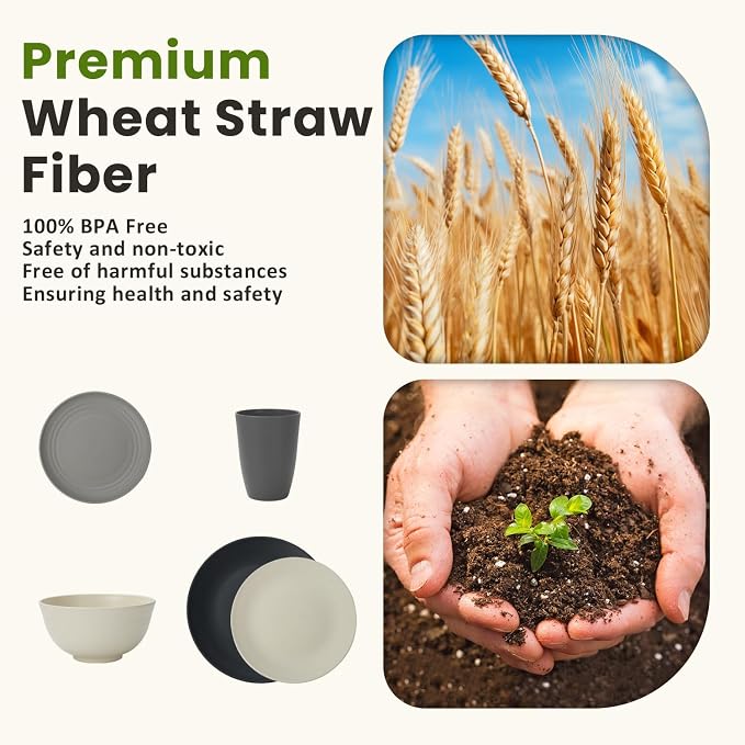 Kitchen Wheat Straw Dinnerware Set 40 PCS - Dinner Plates, Cereal Bowls, Wheat Straw Cups Set, Microwave and Dishwasher Safe Dishes Set, Unbreakable Dish Set for Party, Outdoor(Grey Stone)