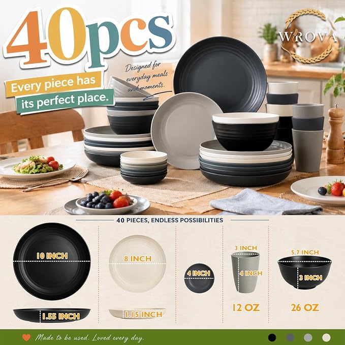 Kitchen Plates and Bowls Sets 40PCS,Wheat Straw Dinnerware Sets for 8 | Unbreakable Plates Bowls and Cups Set, Side Dishes, Microwave & Dishwasher Safe Dishware Sets, RV dishes Set, Black & Gray