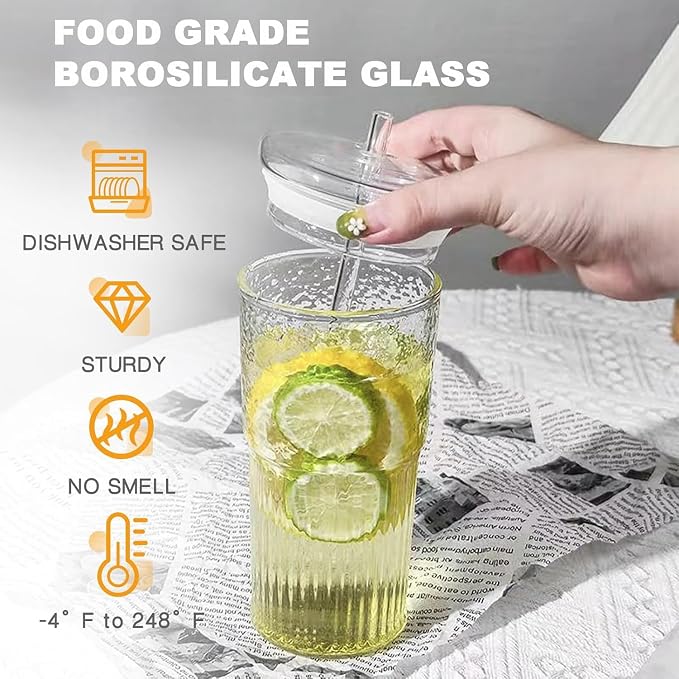 JunVpic Glass Coffee Tumbler, 20 oz Glass Cup with Lid and Straw | Clear glass design, Hammered Texture, reusable straw and lid for iced coffee, tea, smoothies and hot & cold drink