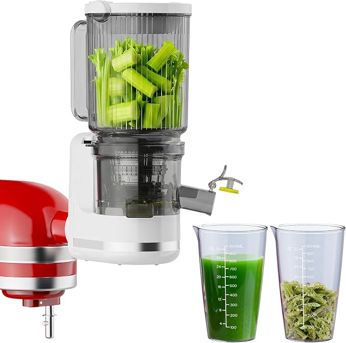 COFUN Masticating Juicer Attachment for Kitchen Aid Stand Mixer | Cold Press Juice, Extractor with 4.9 Inch Wide Feed Chute and 2 * 1L Cups for Fruits Vegetables Celery Carrot Home Kitchen