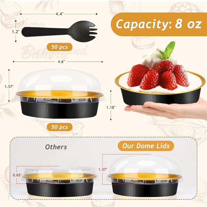 LNYZQUS 8oz Mini Pie Tins with Lids 50 Pack, 4 Inch Individual Cake Pans | Foil Disposable, Small Cake Tins, Mini Pie Containers, for Bake Sale Baking and Packaging, Round Black