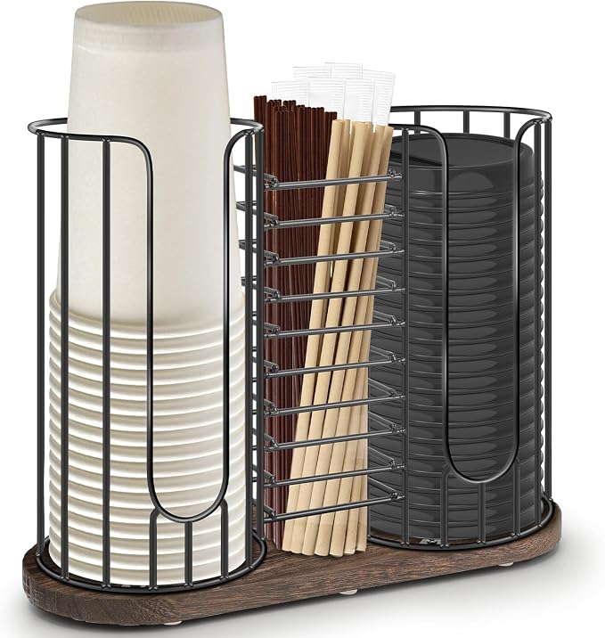 3-Compartment 18oz Coffee Cup Dispenser Rack with Wood Base, Disposable Cup, and Lid Organizer for Countertop - Perfect for Paper Cups, Straws, and Kitchen Cabinet Storage
