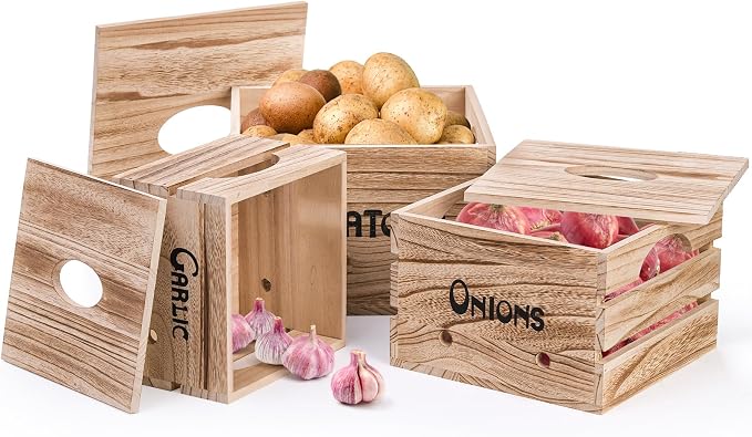 Frcctre 3 Pack Vegetable Storage Bins, Farmhouse Potato Onion Garlic Kitchen Storage Canisters Set, Wooden Stackable Vegetable Keeper with Lid and Aerating Holes for for Pantry Organization