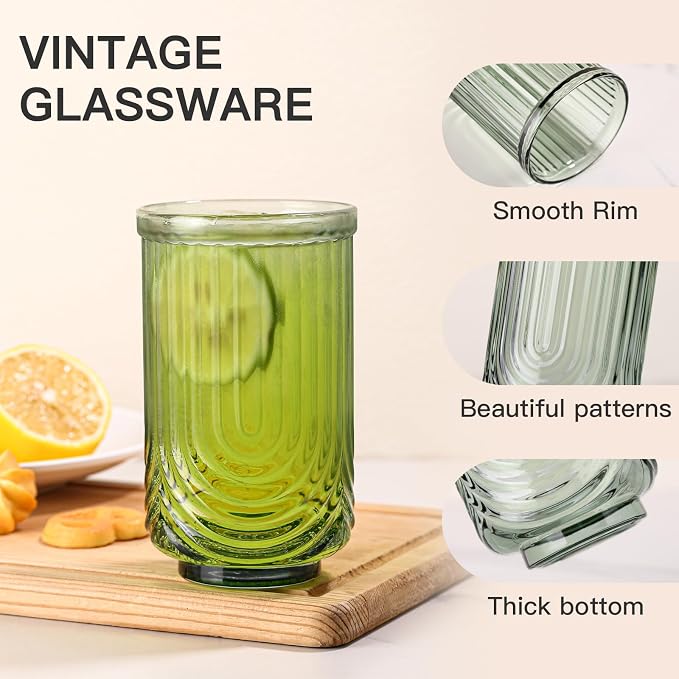 JOVGANK Colored Vintage Glassware Set of 6-17Oz Colorful Water Drinking Glass, Art Deco Ripple Highball Glass, Whiskey Cocktail Glasses, for Bar Ice Coffee Juice, Housewarming Gift