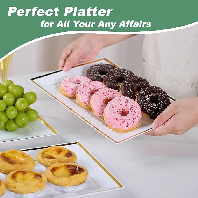 FOCUSLINE 8 PCS Plastic Serving Trays for Party, White Gold Rim Platters | Durable Construction, Elegant Appearance, Disposable and Reusable, Ideal for Parties, Weddings, Catering, Desserts