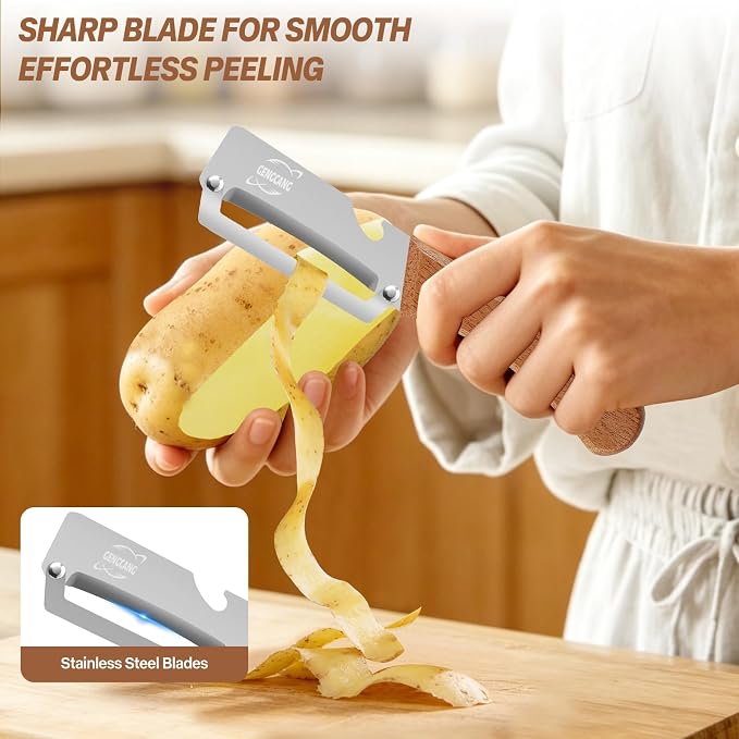 MultiFunctional Vegetable Peeler, Non-Slip Wooden Handle with Sharp Stainless Steel Blade, Built-in Bottle Opener - Perfect Kitchen Peeler For Veggie, Fruit, Potato, Carrot, Apple