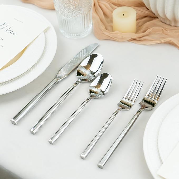 Alata Hexagon 20-Piece Forged Silverware Set Stainless Steel Flatware Set Cutlery Set,Service for 4,Mirror Finish,Dishwasher Safe
