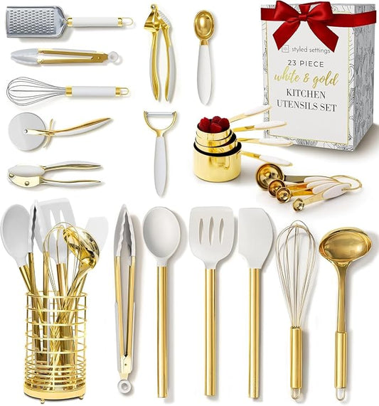 Styled Settings White and Gold Kitchen Utensils Set, 23-Piece | Stainless Steel, Gold Kitchen Accessories Include Measuring Cups, Silicone Utensils, Utensil Holder -Gold Kitchen Accessories