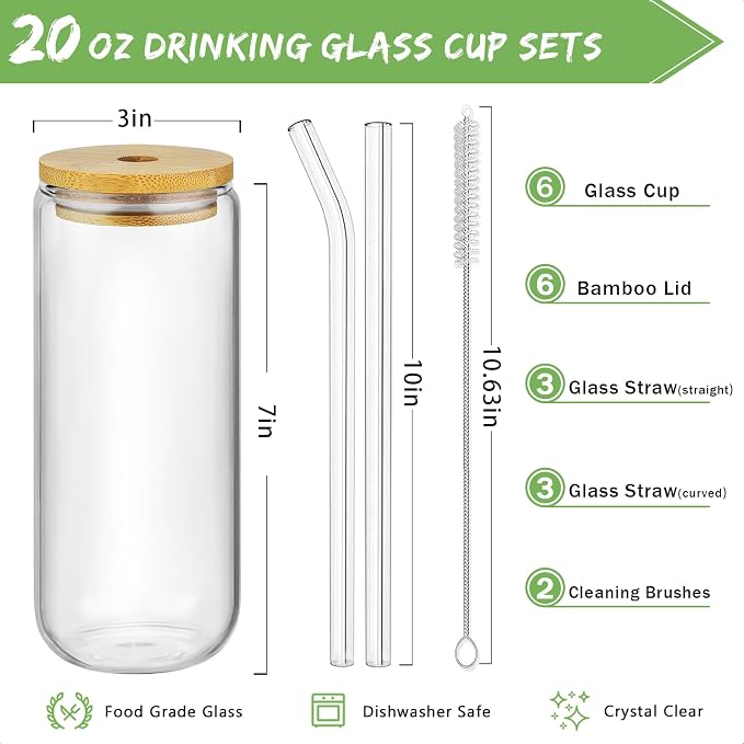 20 Oz Drinking Glasses - 6 Pcs Glass Cups with Bamboo Lids and Straws | Food-grade durable clear tumbler, Coffee bar accessories, Aesthetic gift, For beer, Iced tea, Include 2 cleaning brushes