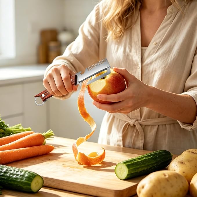 2Pcs 3-1 Multi-functional Vegetable Peeler,New Ktchen Multi-function Stainless Steel Thickened Fruit Peeler Knife with Wooden Handle and Bottle Opener for Vegetables or Fruits that Need to Be Peeled