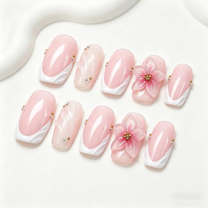 Handmade Press on Nails Glossy Pink Fake Nail Short Square Stick on Nails Acrylic Nails 3D Flower Press on Nails Designs White French Tip Full Cover Muti-Layer Gel Thick False Nail for Women (S)