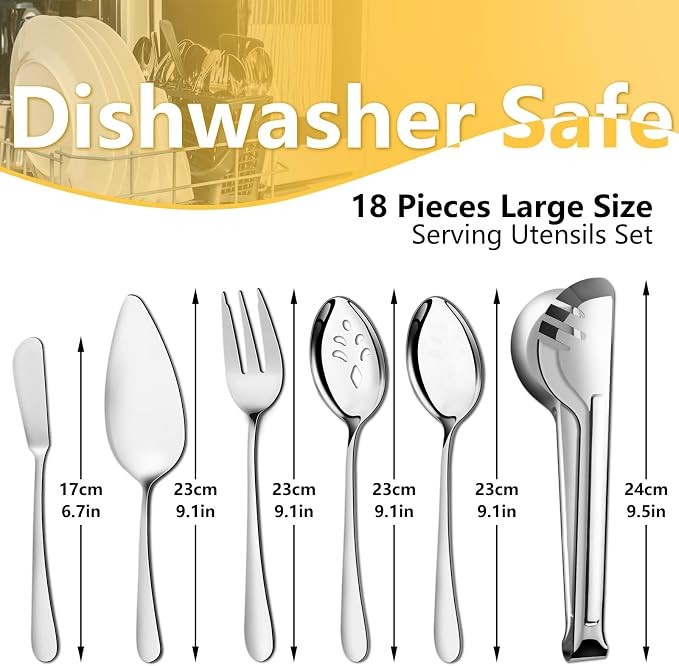 Pleafind 18-Piece Stainless Steel Utensil Set - Serving Spoons, Slotted Spoons, Forks, Tongs, Pie Server, Butter Knife for Parties & Banquets