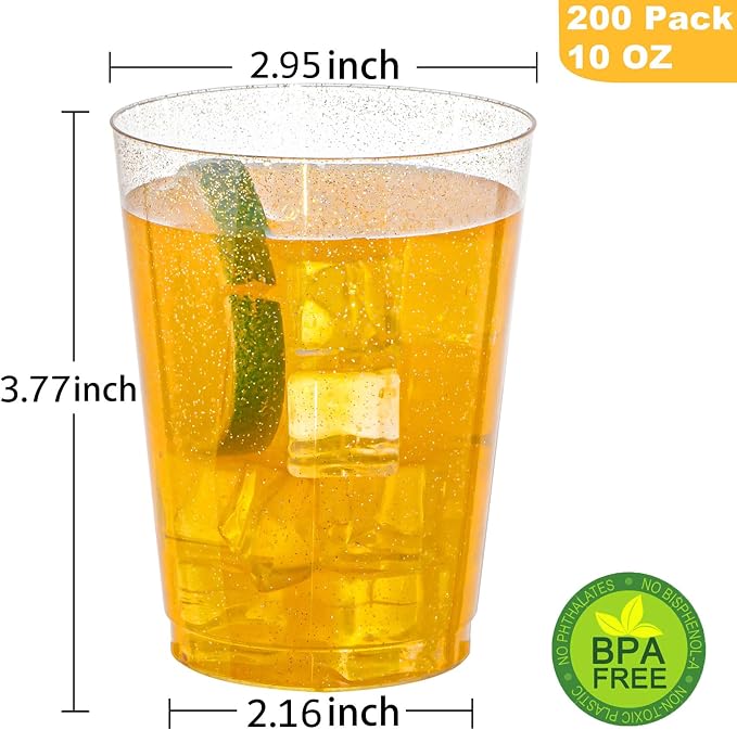I00000 200pcs Gold Plastic Cups - 10 OZ Hard Gold Glitter Disposable Cups For Cocktail And Drinking - Premium Disposable Plastic Cup with Gold Glitter For Fancy Elegant Party Cup