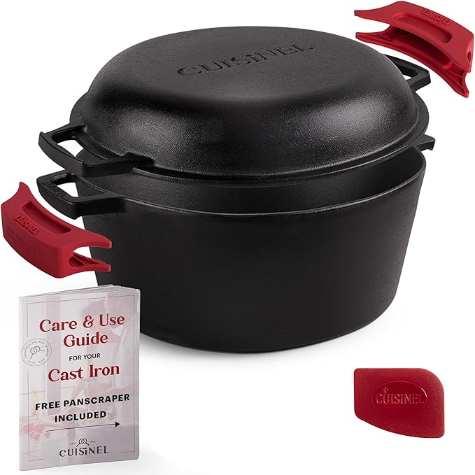 Cuisinel 7-Quart Cast Iron Dutch Oven + Pan Scraper + Silicone Handle Grips - 2-in-1 Pot+Pan Combo Skillet - Pre-Seasoned Indoor/Outdoor Cookware + Instruction & Care Booklet