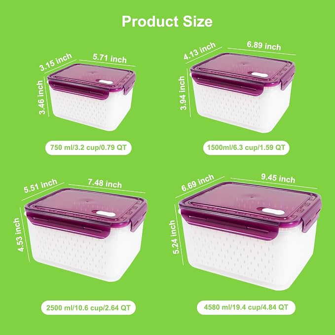 4Pack Fruit Storage Container for Fridge with Colander and Vent - Purple | 8 Pieces BPA Free Kitchen Refrigerator Organizers Plastic Fruit Containers for Fridge for Fruit Berry Salad Lettuce