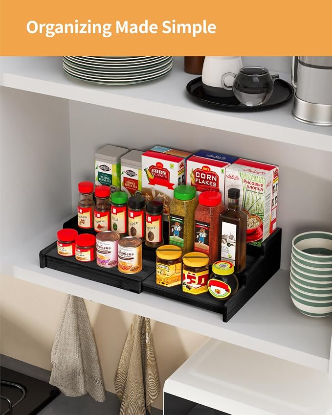 Spice Rack 3-Tier Natural Bamboo, Adjustable Cabinet Organizer Shelf | Expands 8.7-15.6"cabinets. Stepped design, labels visible.Storage organizer saves space, easy wipe. For spices, jars,cans.