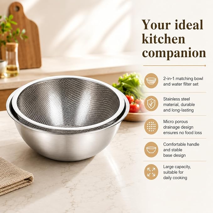 2 Pcs Stainless Steel Kitchen Colander Set Rice Washer Strainer Mixing Bowl | Colander Bowl Set with Microporous, Kitchen Mesh Net Strainer Basket, for Washing Vegetables Fruits Rice Pasta