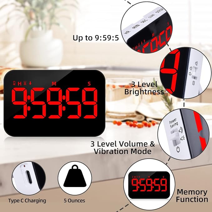 PERSUPER Kitchen Digital Timer, Count Down Up, Rechargeable, Vibration Mode | Adjustable Volume and Brightness LED Display, Time Management Cook, Desk, Kids Adults Study Teaching, Kitchen Gadgets RGB ﻿
